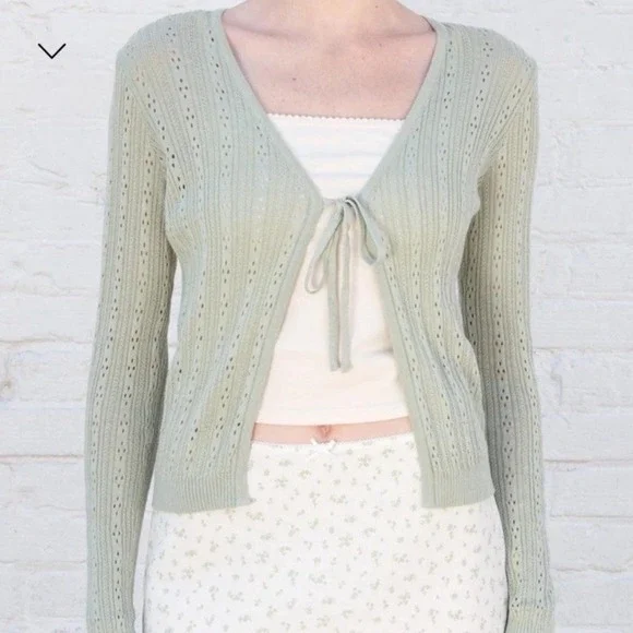Brandy Melville Pastel Green Dainty Eyelet Open Knit Front Tie Cardigan Size M - Picture 1 of 8